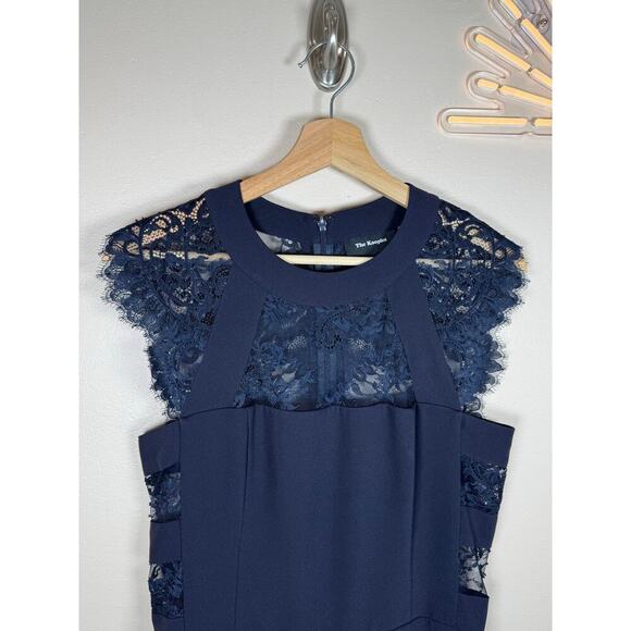 The Kooples Navy Blue Lace Panel Cut Out Crepe Sheath Mini Dress Formal Party S - Picture 2 of 14